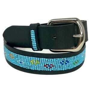Intricate Beaded Western Leather Native Look Floral design Belt  - BLACK